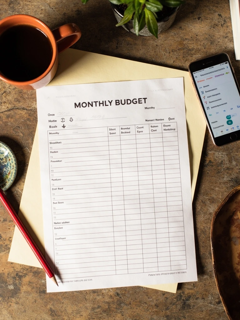A printed monthly budget worksheet on a desk with a red pencil, coffee, and a phone.