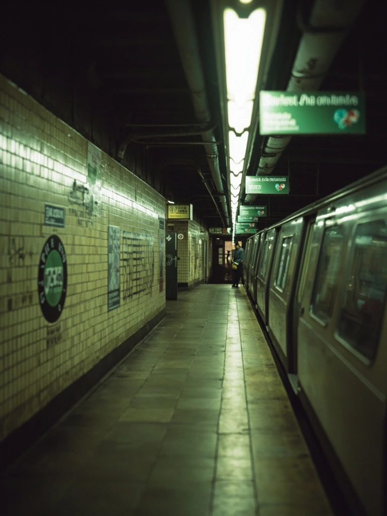 An empty subway platform with a passing train captured in motion blur.