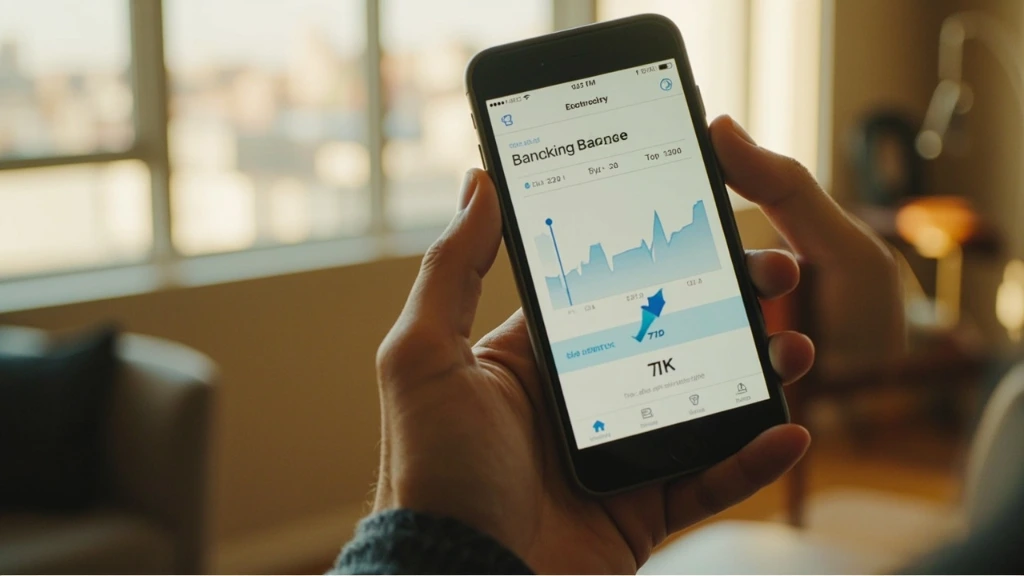 A hand holding a smartphone showing a banking app balance, with a blurred apartment interior behind.