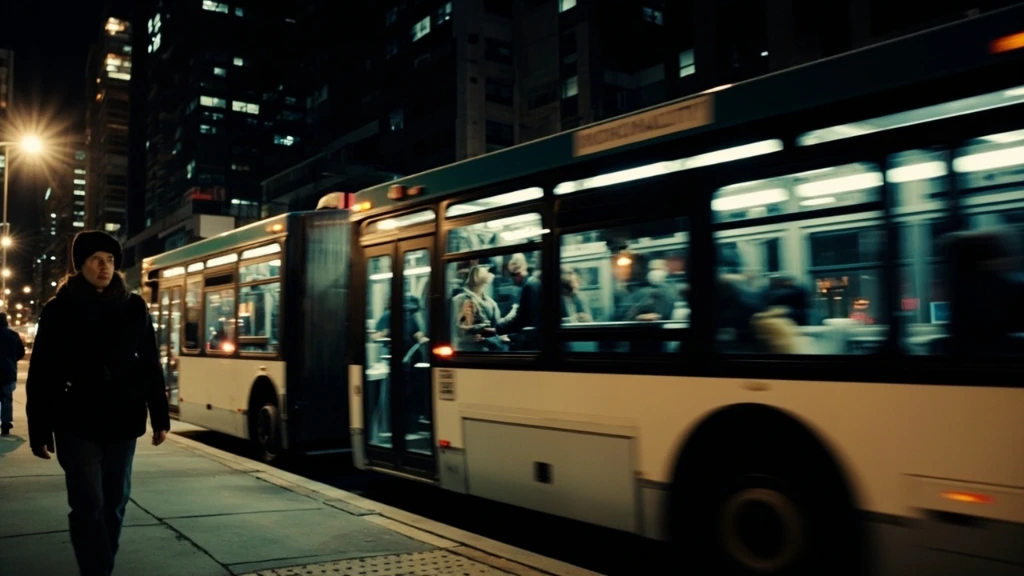 A city bus at night picking up passengers at a well-lit stop.