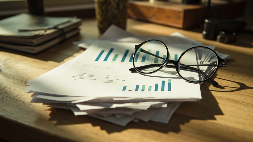 A stack of printed spreadsheets and bar charts with reading glasses on top.